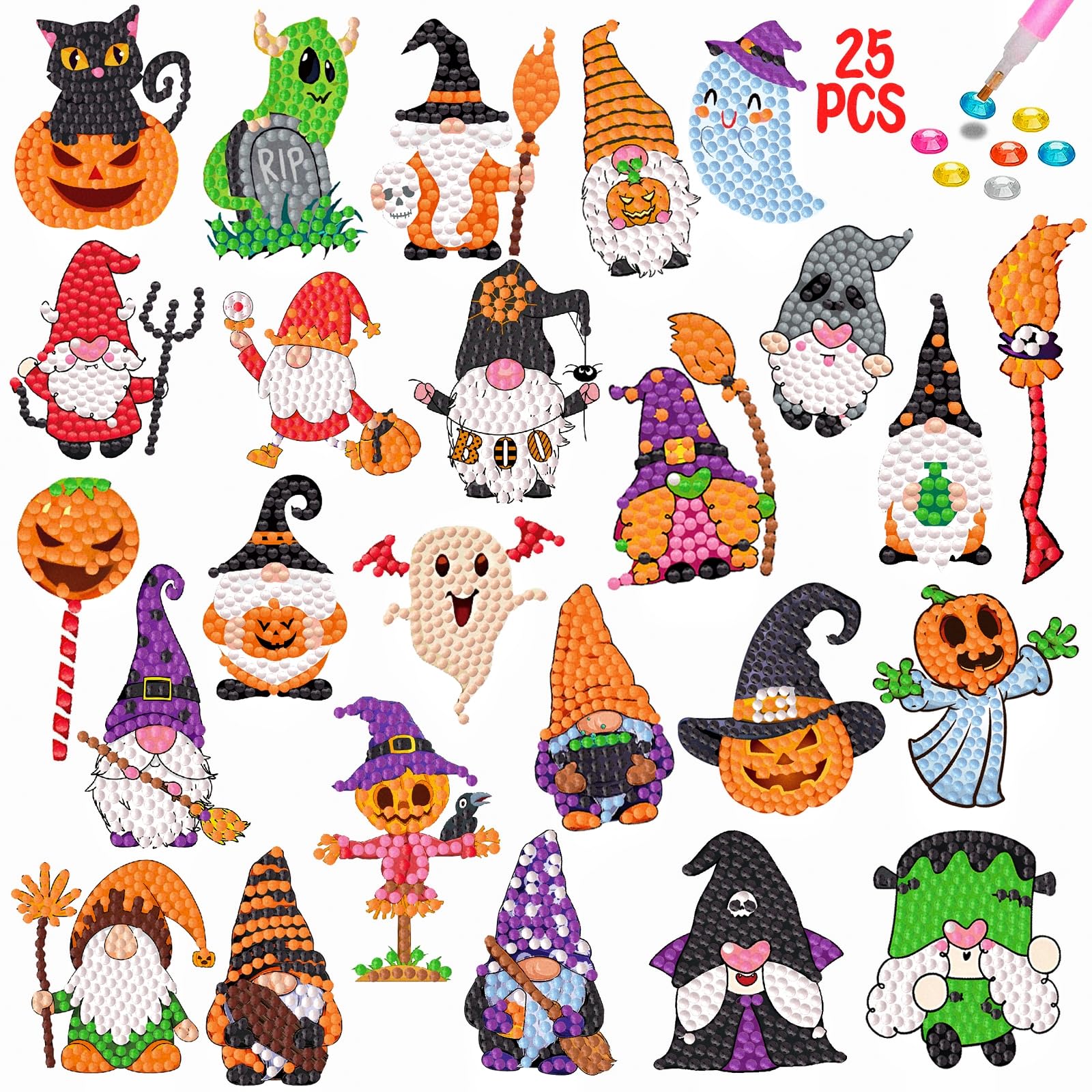 MEIEST 25 PCS Halloween Diamond Art Painting Stickers Kits,Diamond Mosaic Stickers by Numbers Crafts Set for Kids,Creative Handmade Art Craft GIF