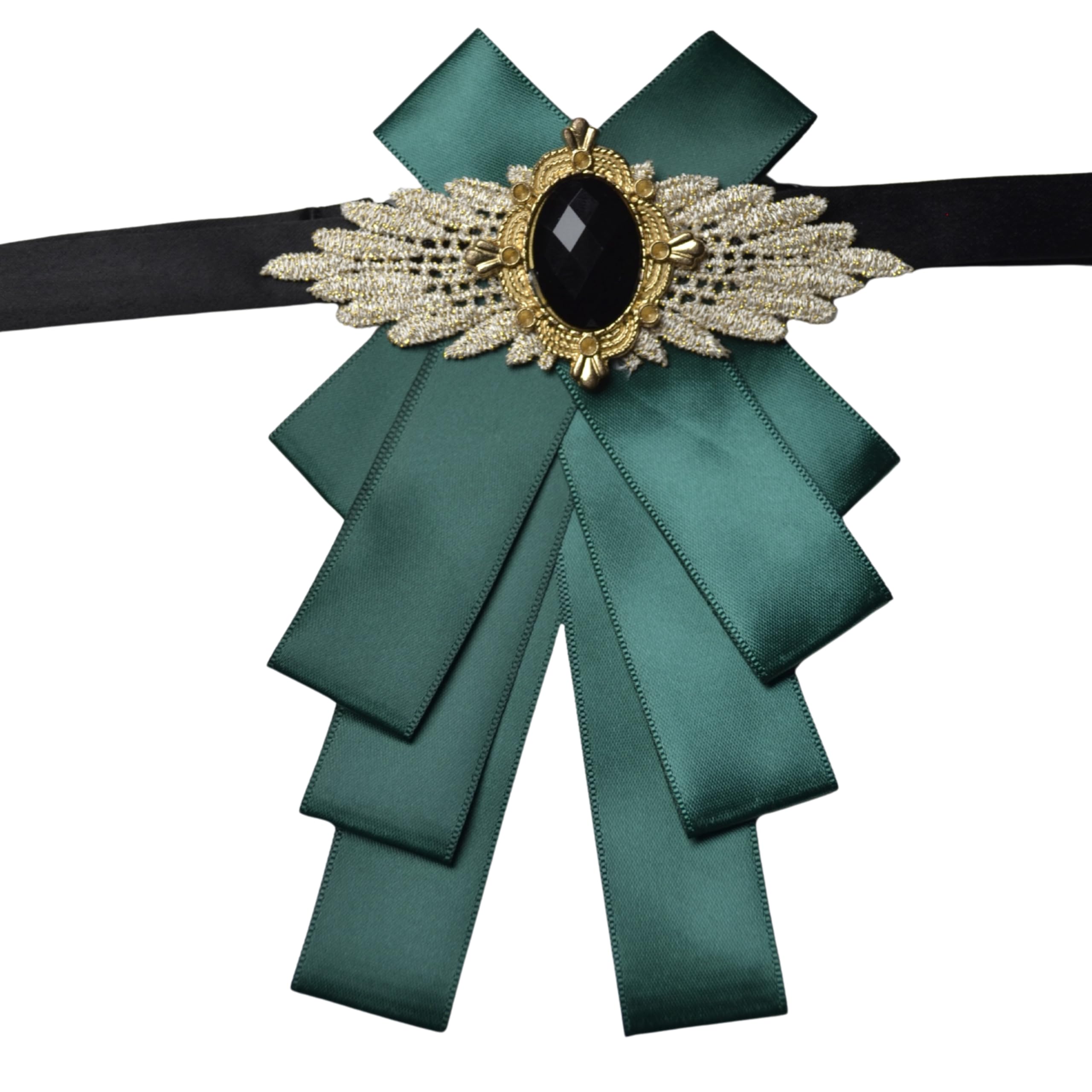Men's Luxury Green Satin Cravtas Tie with Black & Gold Brooch – Elegant Ribbon Necktie for Men Adjustable Strap-image-46