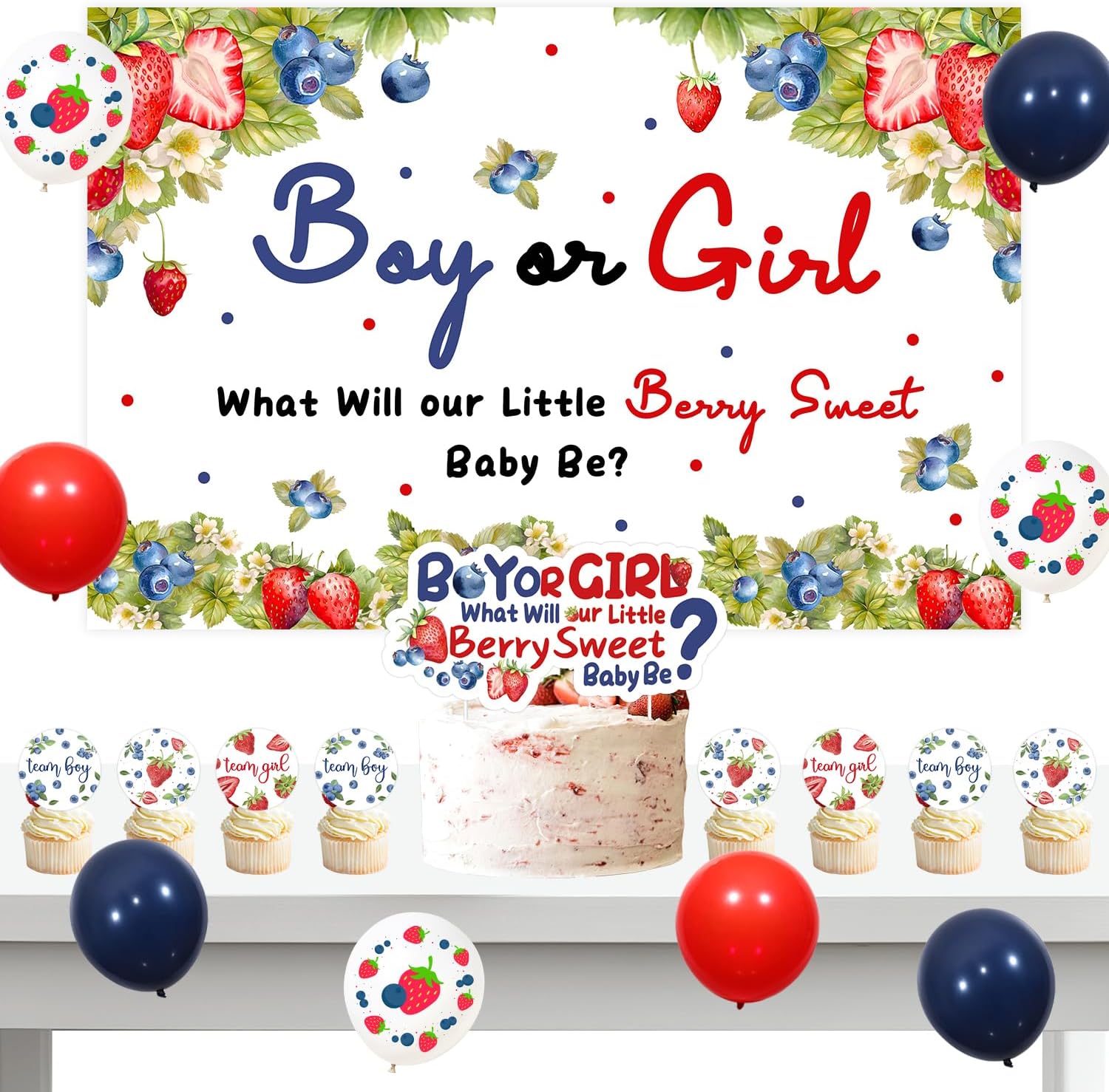 Berry Sweet Baby Gender Reveal Decorations Boy or Girl What Will Our Berry Sweet Baby Be Backdrop Pink and Blue Strawberry Blueberry Cake Cupcake Toppers Pink Blue Balloon for Team Boy Team Girl Party - Image 2