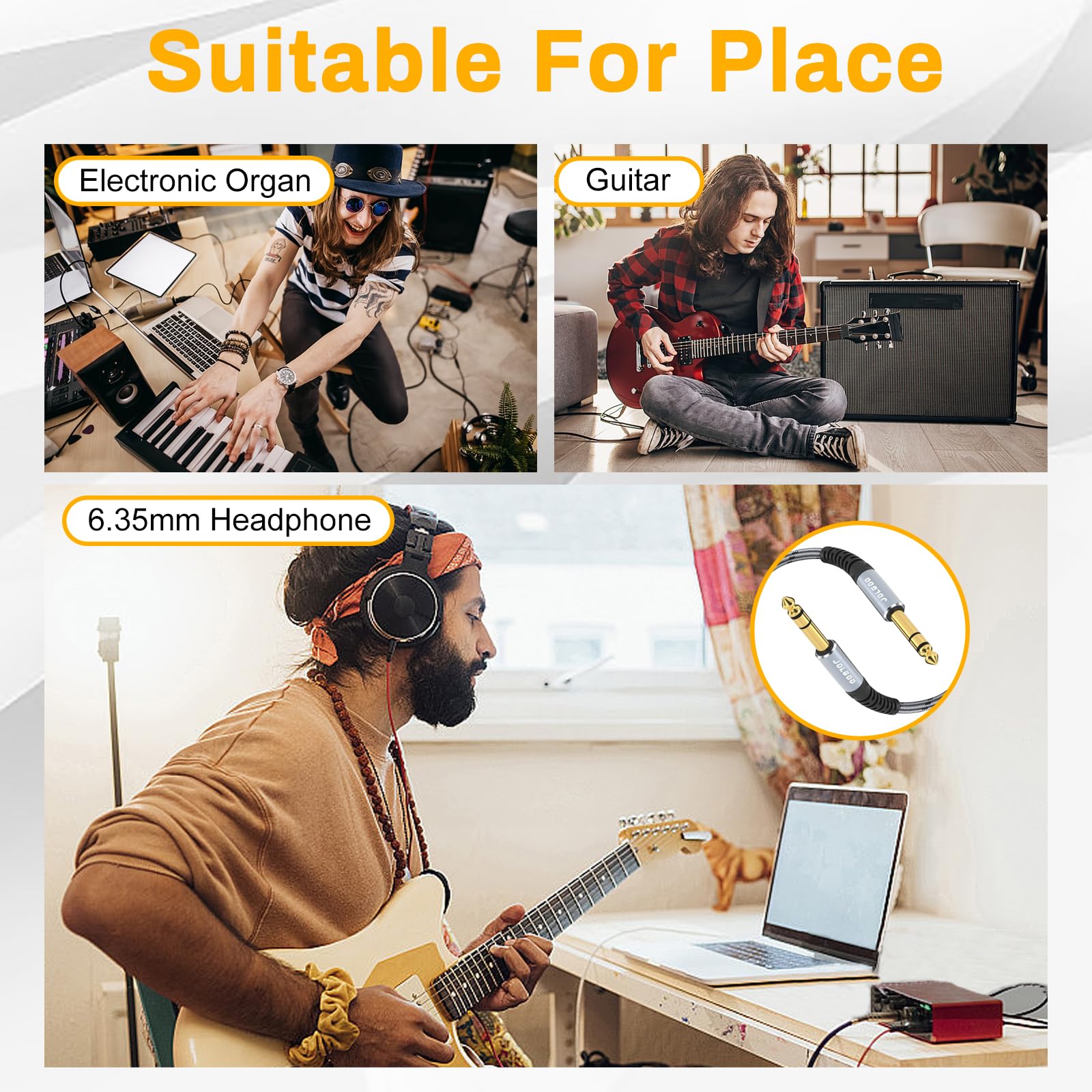 JOLGOO 1/4" TRS Cavo, 6 metri, 2-Pack. Per chitarra, basso, tastiera, mixer, amplificatore, altoparlante, mandolino. Audio bilanciato da 6.35 per una connessione professionale