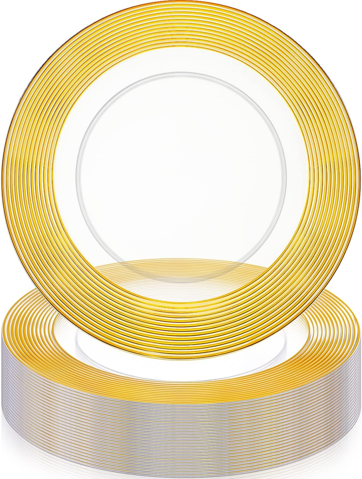 24 Pack 13 Inch Plastic Chargers Clear with Gold Rim
