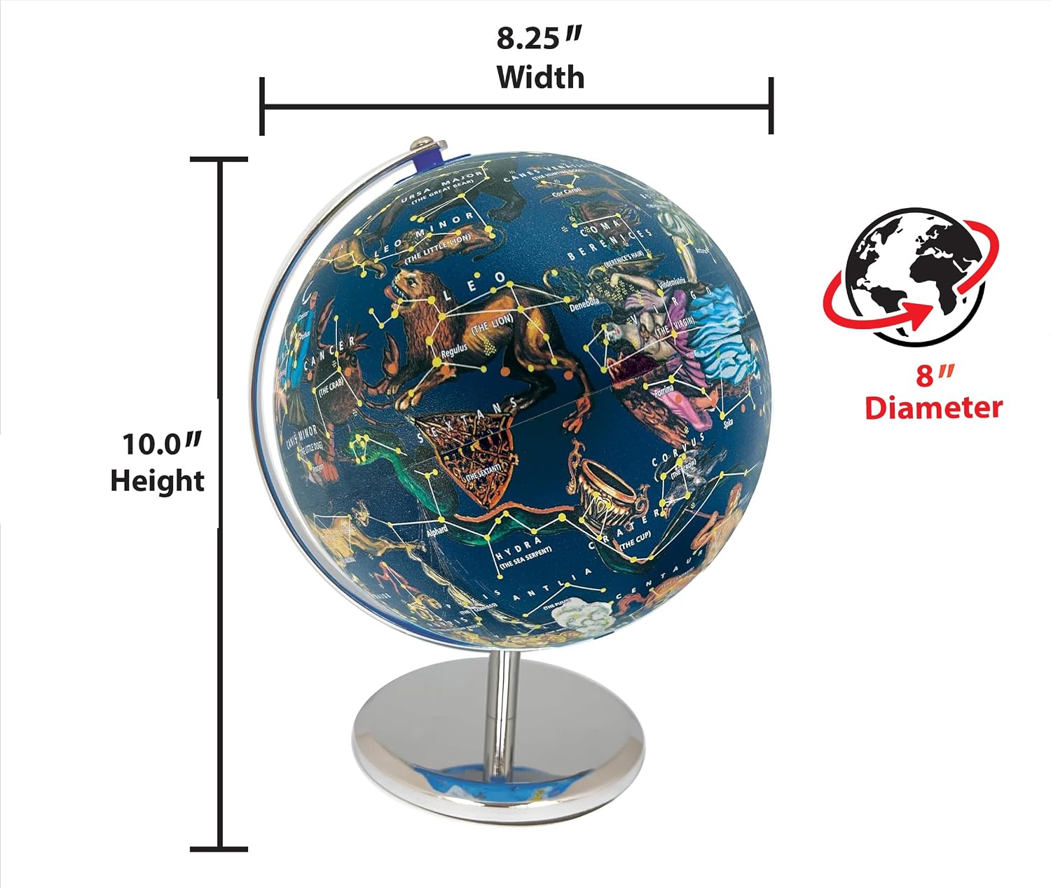 Replogle 8"/20cm Interactive Illuminated Political Globe with Chrome Base, Riser and Semi-Meridian. Standing 12 inches tall, This Colorful Easy to Read Globe Illuminates Brightly. The Perfect STEM Educational Interactive Product With Over a Thousand Pieces of Information. Ideal Night Light for Bedroom, Office or Home Decor. (Constellation)