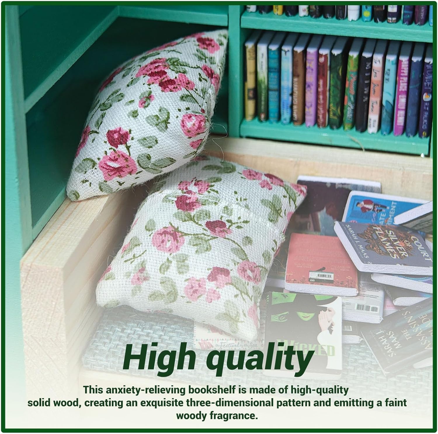 Anxiety Bookshelf, 9.1×6.7×3.9in Mini Bookshelf with 400Pcs Colorful Mini Books, Versatile Miniature Library for Desk, Living Room, Coffee and Office, Shake Away Your Anxiety, Home Decorations (Green)