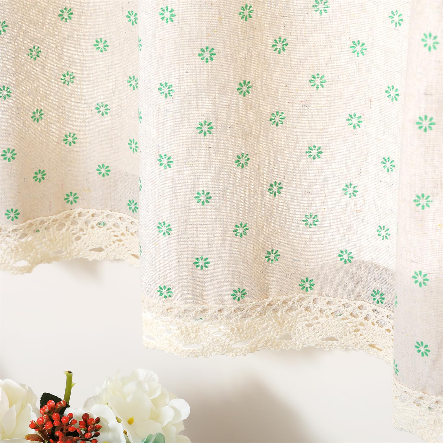 Moslovstar Daisy Cotton Linen Tier Double Lace Hem Half Curtain - Semi Sheer Privacy for Kitchen Bathroom, Green, 1 Piece 56x36