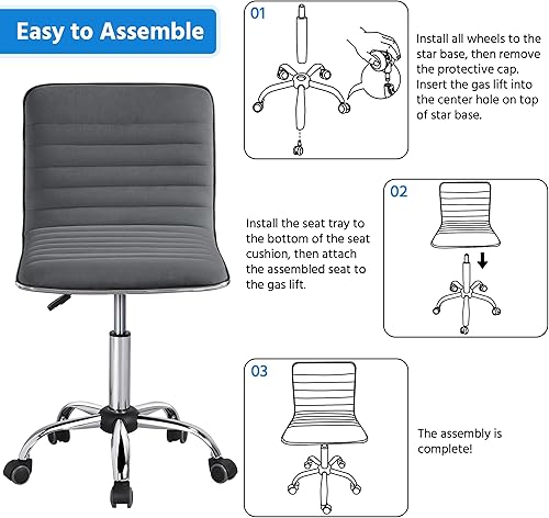 Miniatura 7 de Yaheetech 2 sillas de terciopelo con respaldo bajo, silla de escritorio giratoria sin brazos, silla de trabajo acanalada con soporte lumbar, ruedas