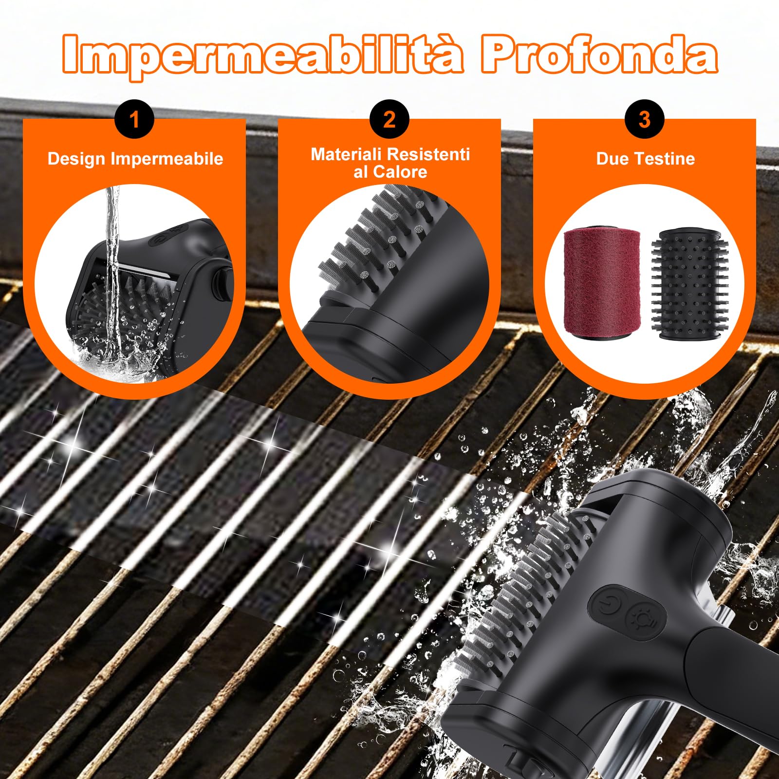 Spazzola Elettrica per Barbecue Ricaricabile, Doppia Velocità 590/1000 Giri, 2 Testine, LED, Nero