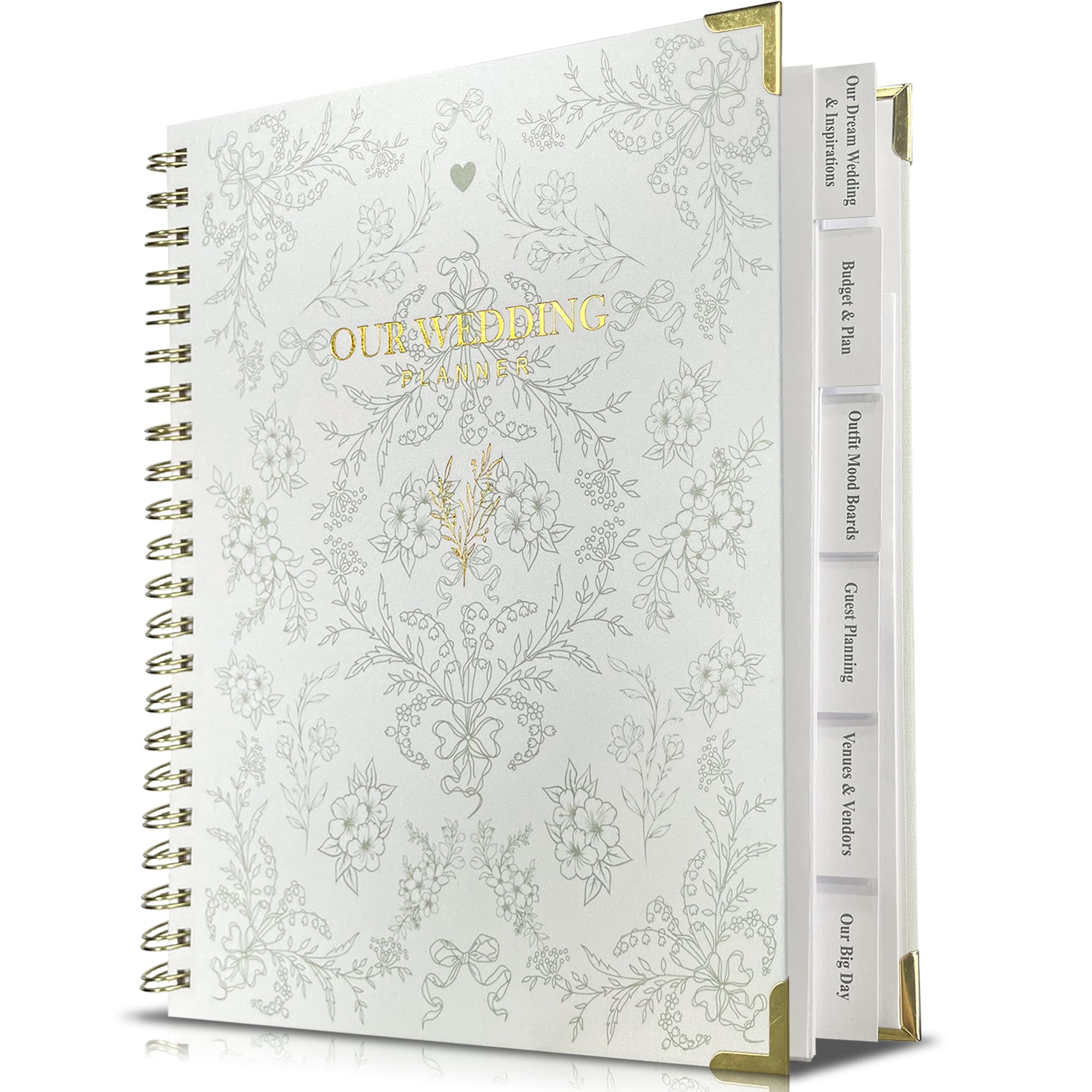 LADY&HOME Wedding Planner Book and Organiser for Bride | Linen Wedding Planning Binder with Calendars & Checklists | Engagement Gifts for Couples (Green & White)