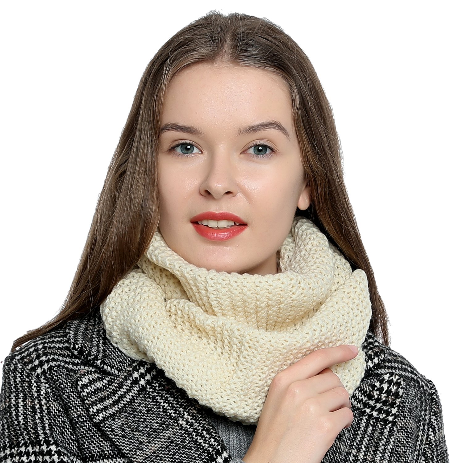 Dondon Women's White Winter Scarf For Loop Snood Knitted Knit Neck Warmer Knitting Pattern