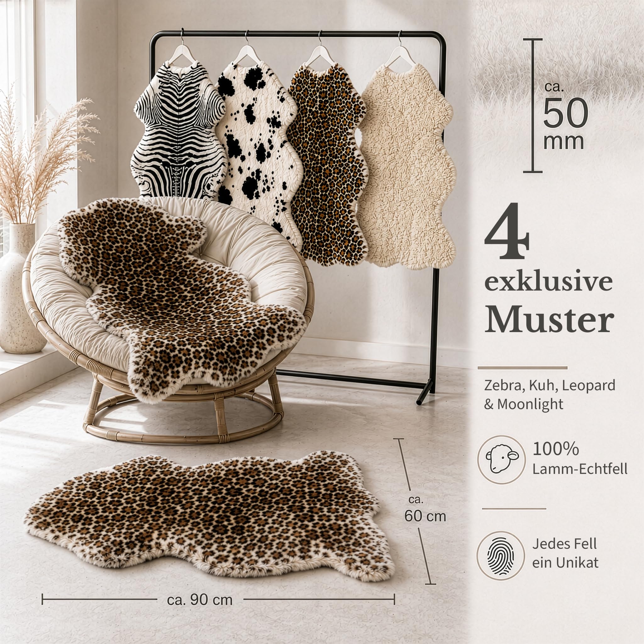 KARAT Design peau de mouton Audrey en véritable peau d'agneau - 100 % laine de mouton environ 90 × 60 cm - Fourrure décorative douce avec motif animal - Tapis en fourrure - Coussin de siège pour