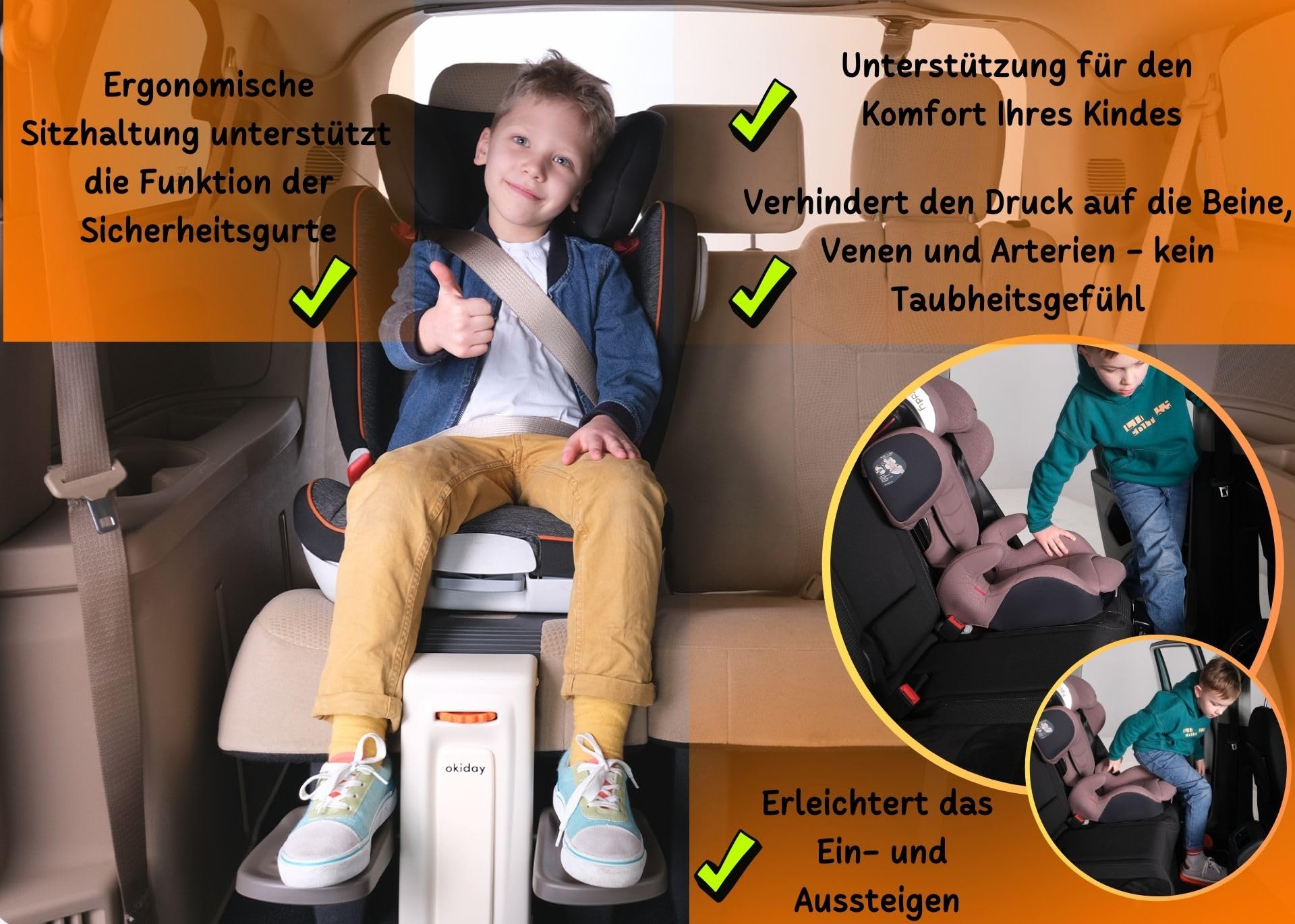 Kindersitz Fußstütze für Kinder 4 bis 12 Jahre für korrekte & bequeme Sitzposition| Farbe Orange | Fußstütze Kindersitz Höhenverstellbar - TÜV Zertifiziert