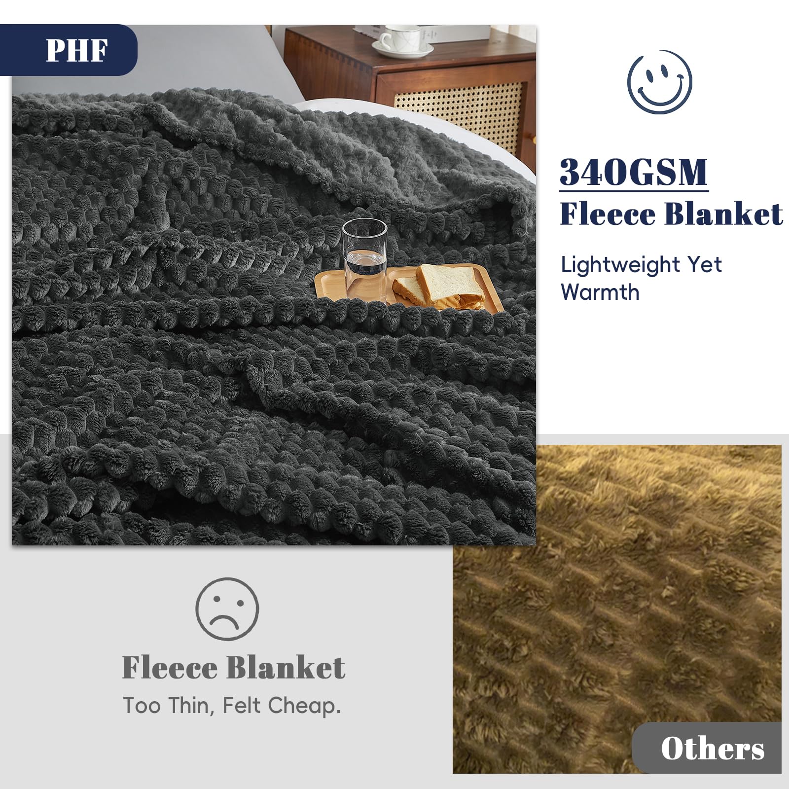 PHF Coperta ultra morbida in pile di flanella per letto singolo, leggera, 3D jacquard, non perde pelucchi, lussuosa, 340 g/m², soffice coperta per letto e divano, 168 x 228,6 cm, grigio scuro