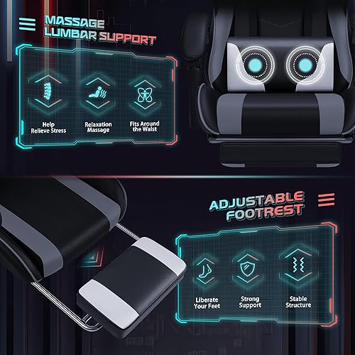 Miniatura 5 de JUMMICO Silla ergonómica para videojuegos con reposapiés y soporte lumbar de masaje, silla de videojuegos de altura ajustable con asiento giratorio