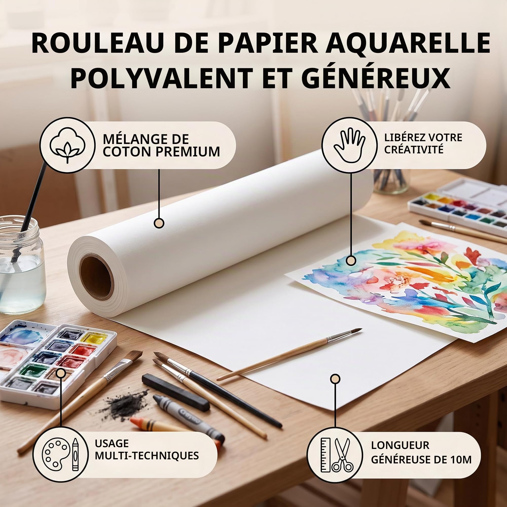 Rouleau de Papier Aquarelle, Rouleau de 10 M de Long, Papier Aquarelle en Coton Vierge, Papier D'artiste, pour Activités Artisanales, Peinture, Facile à Nettoyer (39cm*10m)