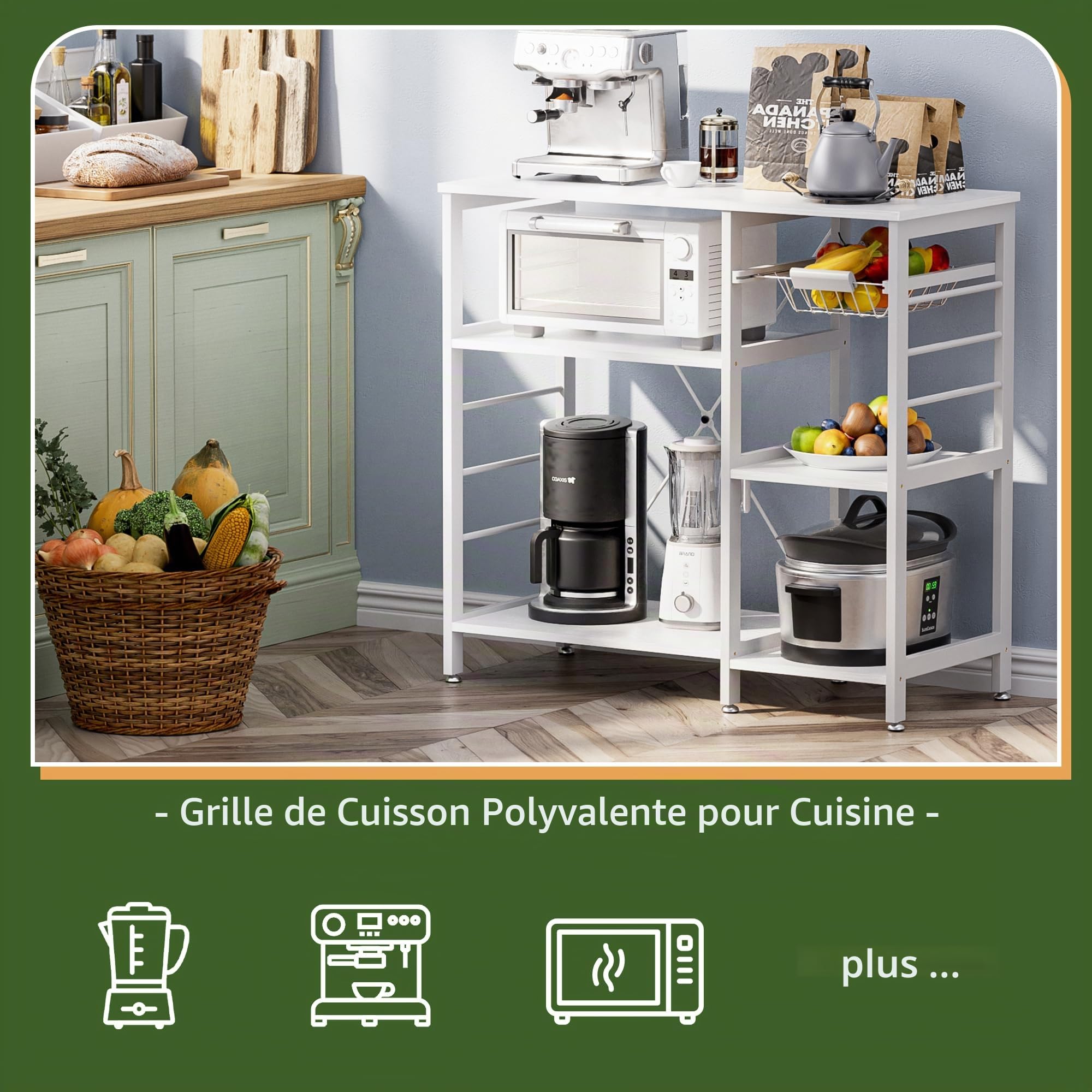Étagère de cuisine pour boulanger, support de four à micro-ondes avec cadre en bambou, bar à café avec panier en fil métallique et 6 crochets pour cuisine, salon, bureau (Blanc)