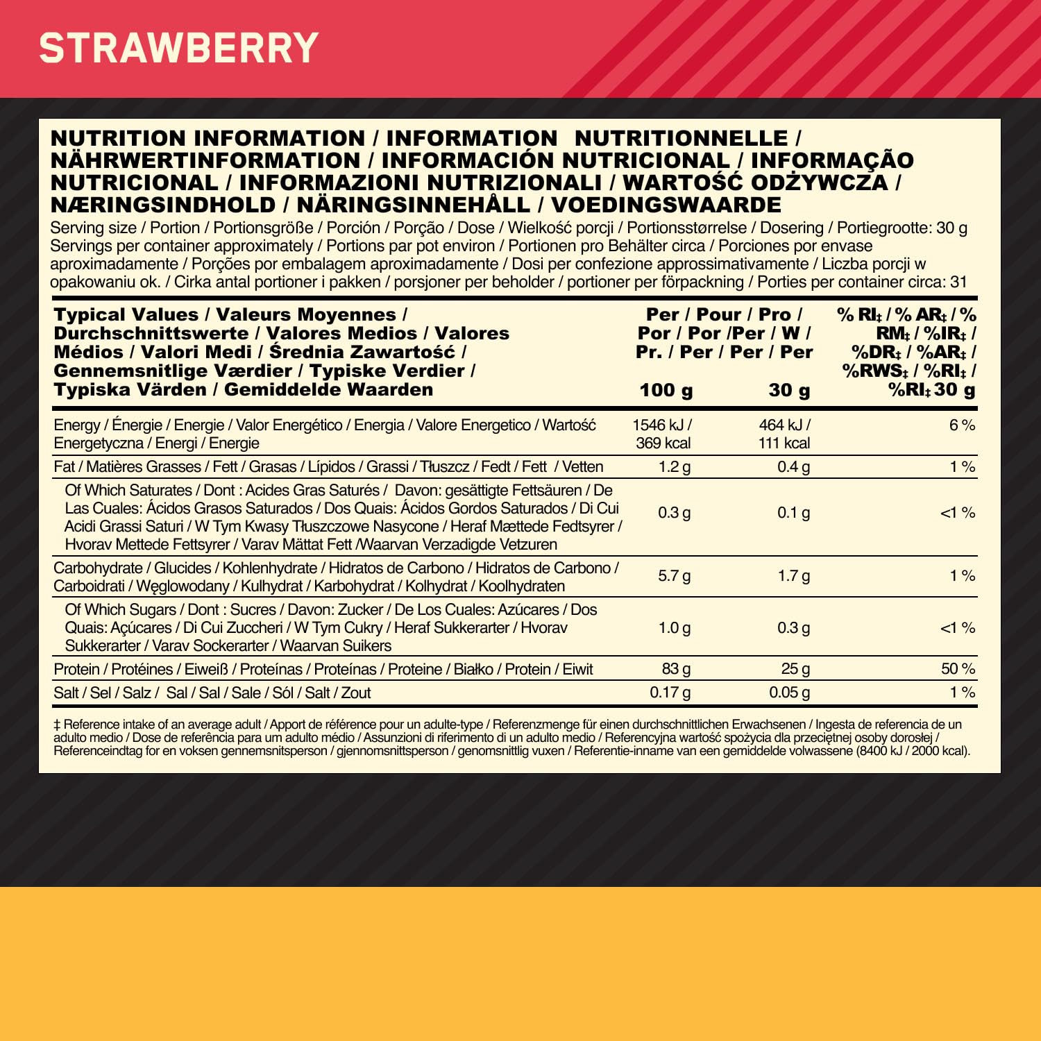 Optimum Nutrition ON Gold Standard 100% Isolate Pure Whey Protéine, BCAAs et Glutamine d'Origine Naturelle, Avant et Après Entraînement, Saveur Fraise, 31 Portions, 930 g