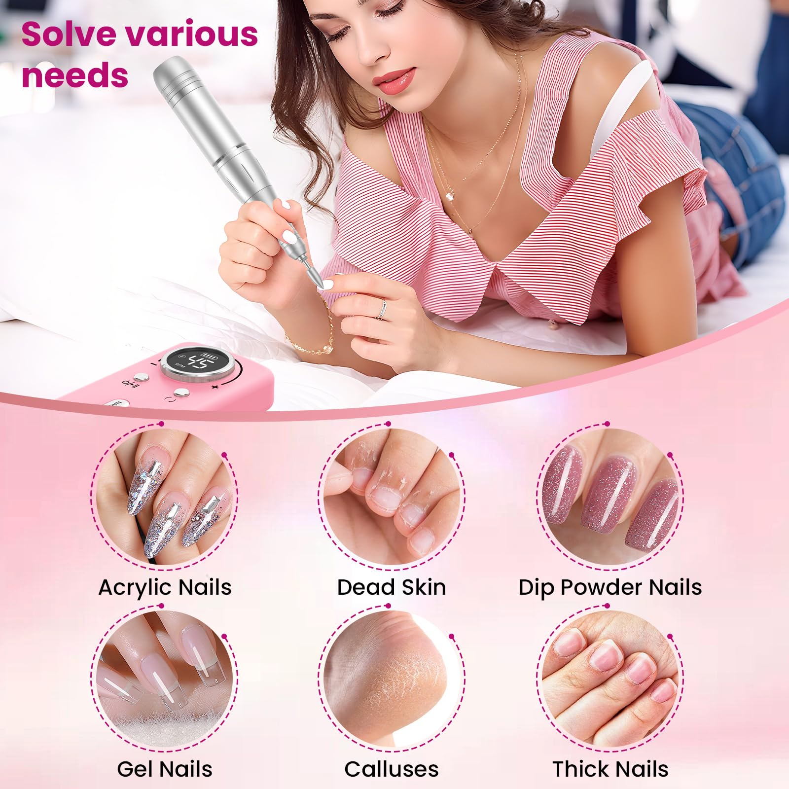 PKBD 45000RPM Professional Portable Nail Drill Machine for Gel Nails, Rechargeable Electric Nail Files Set with 11 bits and LCD Display, Pink