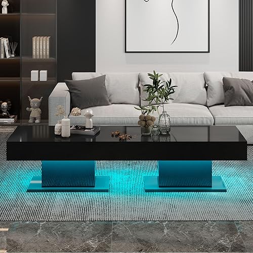 Miniatura 7 de Mesa de centro LED para sala de estar, mesa de centro moderna de alto brillo con luces LED de 16 colores, mesa de centro rectangular inteligente de