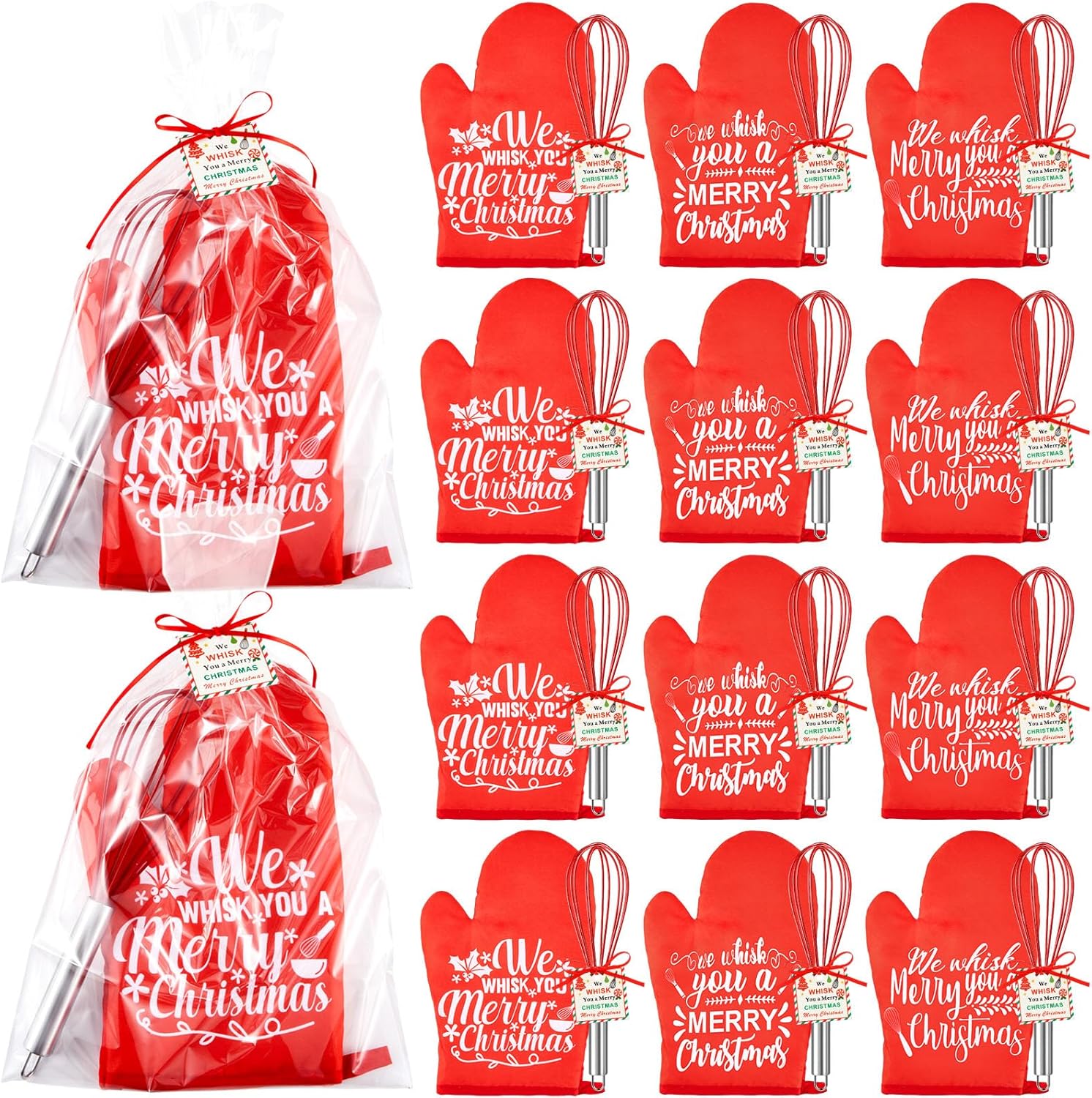 LemonRoad 12 Sets Christmas Whisk Baking Gift Set Xmas Silicone Whisks Oven Mitt Pot Holder Greeting Cards Ribbon Bags for Holiday Kitchen Utensils Cooking Supplies Neighbor Gift(Exquisite,Red)