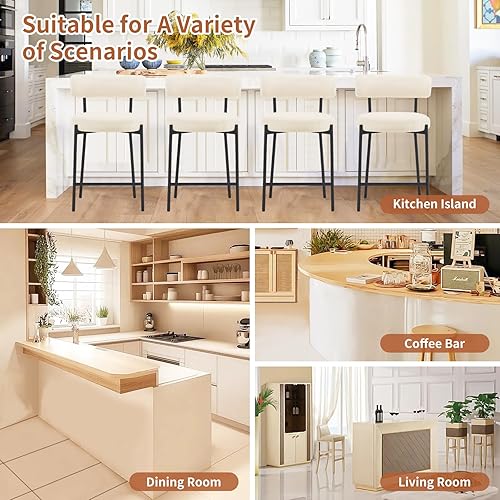 Miniatura 9 de Furnilivng - Juego de 2 taburetes de bar de 24 pulgadas, modernos taburetes de bar Boucle con respaldo curvado y marco de metal negro, taburetes de