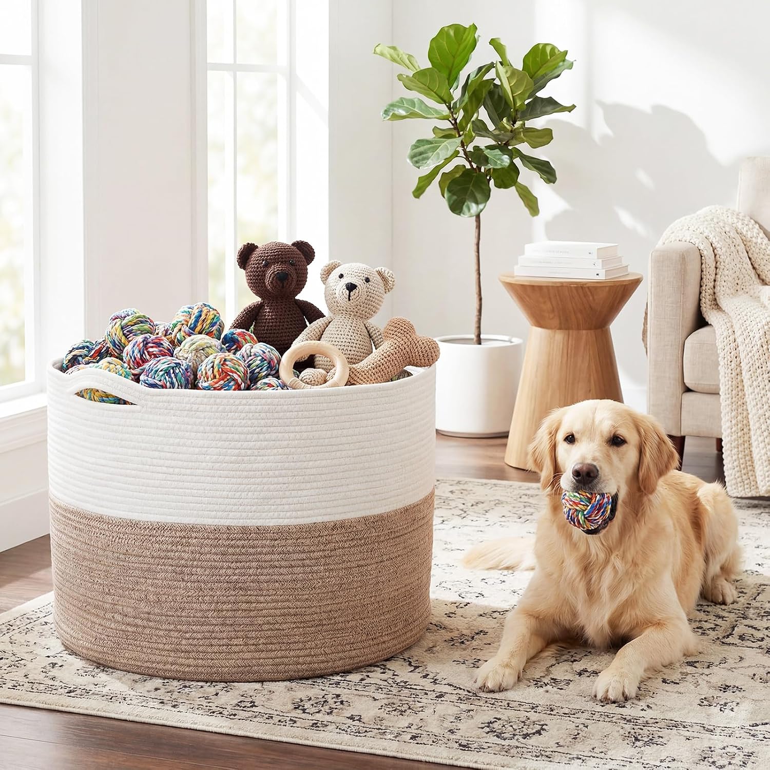 125L XXXXL Super Large Blanket Basket, 23.6"x16.9" Jumbo Woven Cotton Rope Storage Basket with Handle Extra Large Laundry Hamper Toy Storage Bin for Living Room(White & Brown)