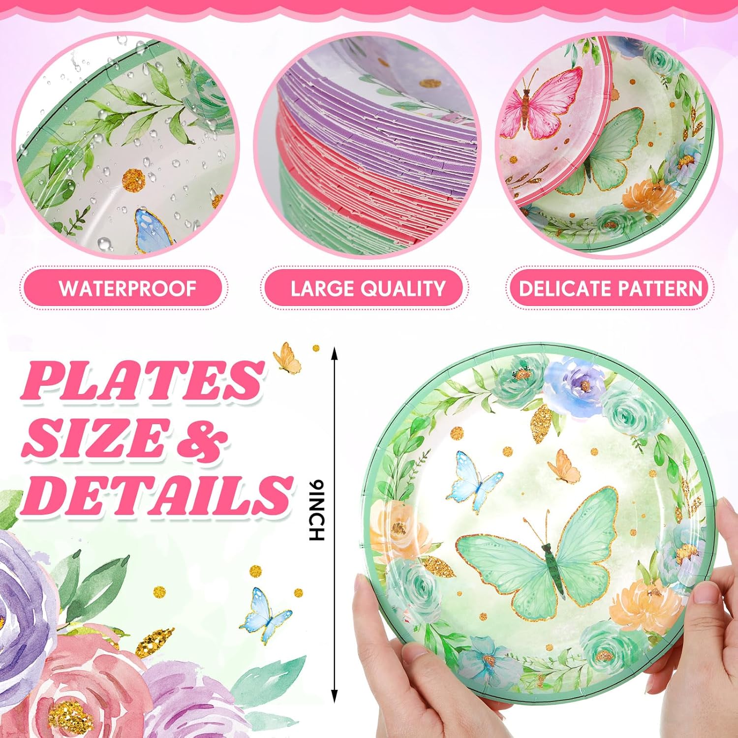 80 Pieces Butterfly Birthday Party Plates, 7 Inch Butterfly Paper Plates Spring Floral Disposable Dinnerware Decoration for Baby Shower Bridal Wedding Party Supplies - Image 2