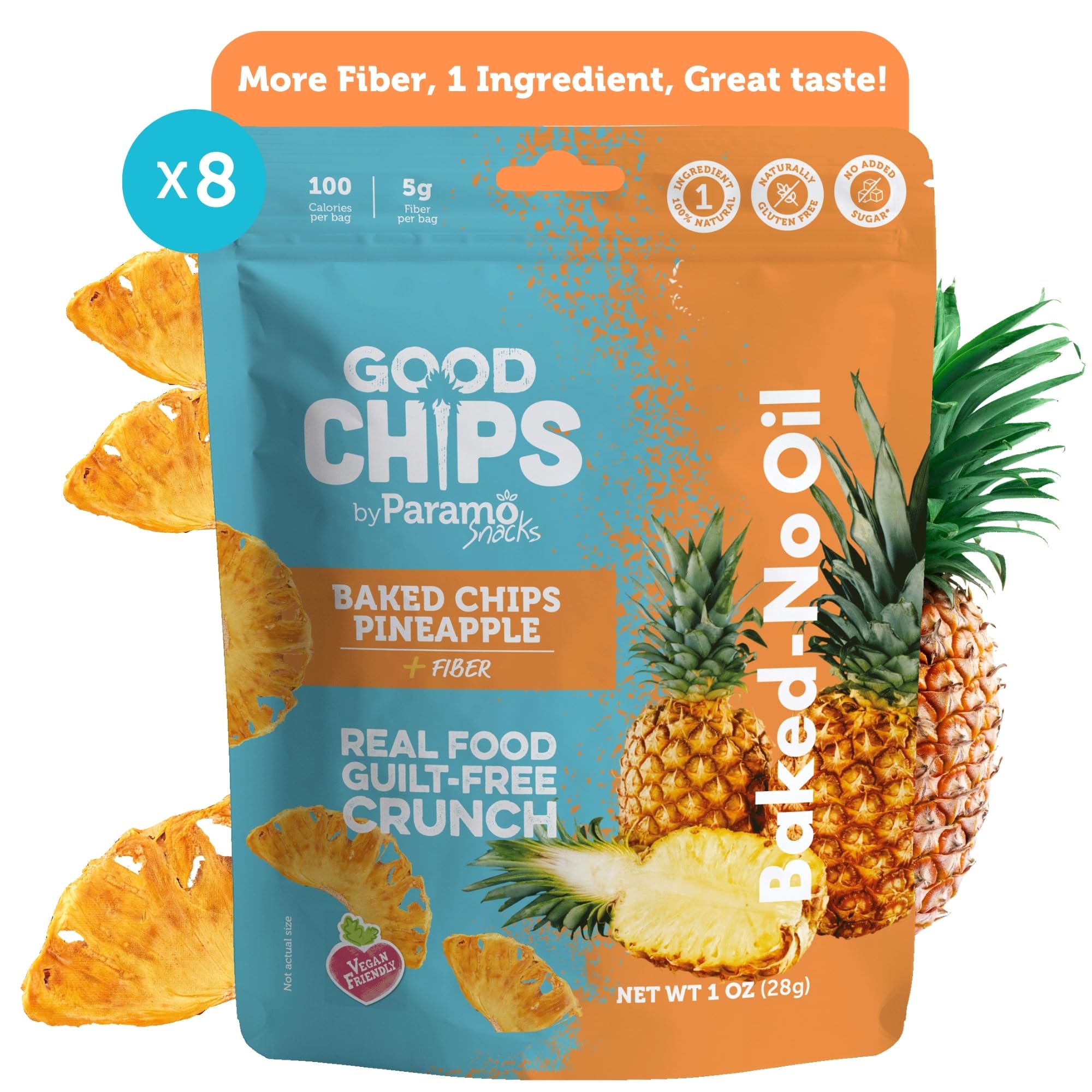 Baked Pineapple Chips by GOOD CHIPS! Crispy, Crunchy, Oil-Free, Only One Ingredient, Healthy Naturally Sweet Dried Fruit Snack - 1 oz bags - Pack of 8