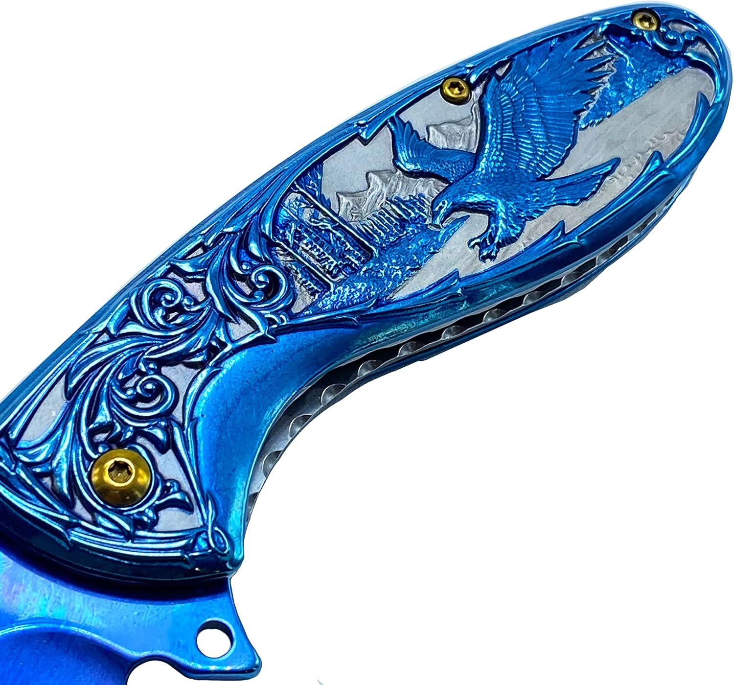 Falcon 8 Inch American Eagle Engraved Folding Pocket Knife Stainless Steel Blade, Frost Woods & Mountains Design, Manual opening Open with Pocket Clip (Blue)