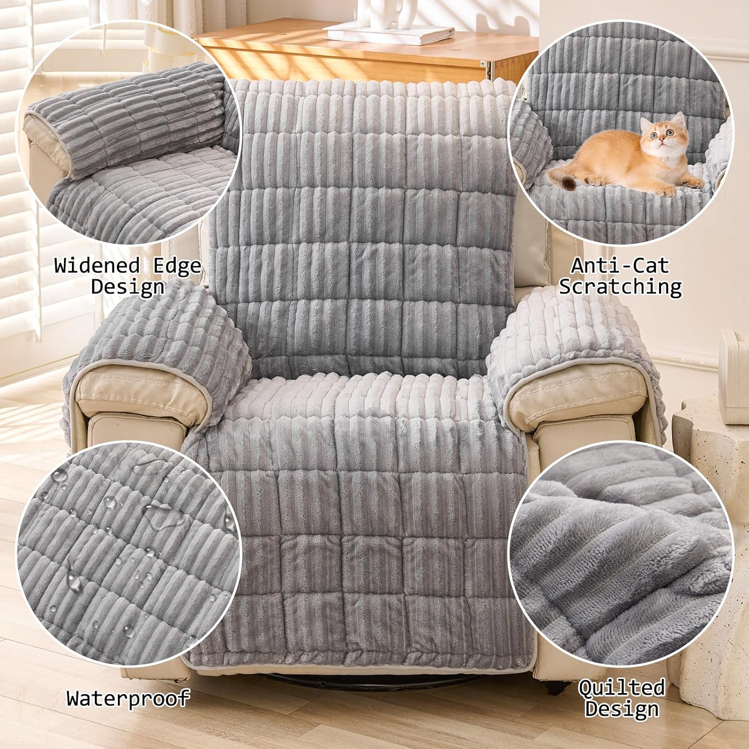 23-Inch Quilted Recliner Cover, Light Gray Rabbit Fur Lazy Boy Chair Protector, Washable Fabric Slipcover for Pets and Kids, Suitable for Chaise Lounges and Furniture