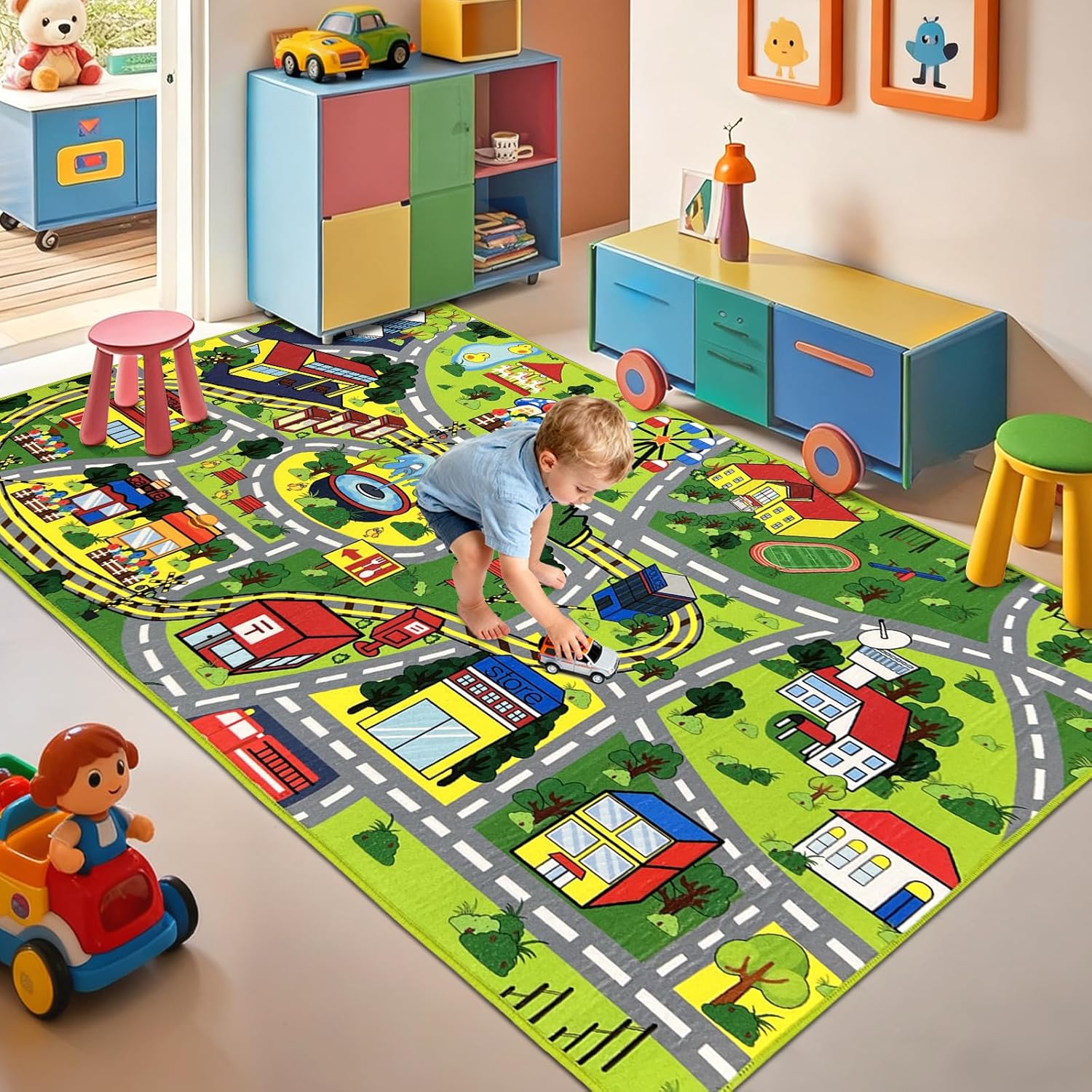 Car Rug Play Mat 59x31.49 lnches - Car Train Rugs Playroom Mat, Kids Rugs for Bedroom Road Rug with City Map Design Kid Room Decor