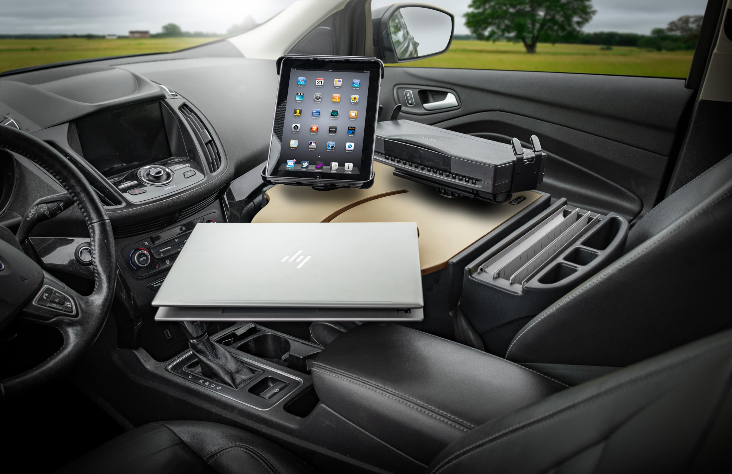 AutoExec Roadmaster - Scrivania da Auto per postazione di Lavoro e Ufficio Mobile, Modello Mojave, con invertitore di Potenza da 400 Watt, Supporto per Tablet e Supporto Stampante