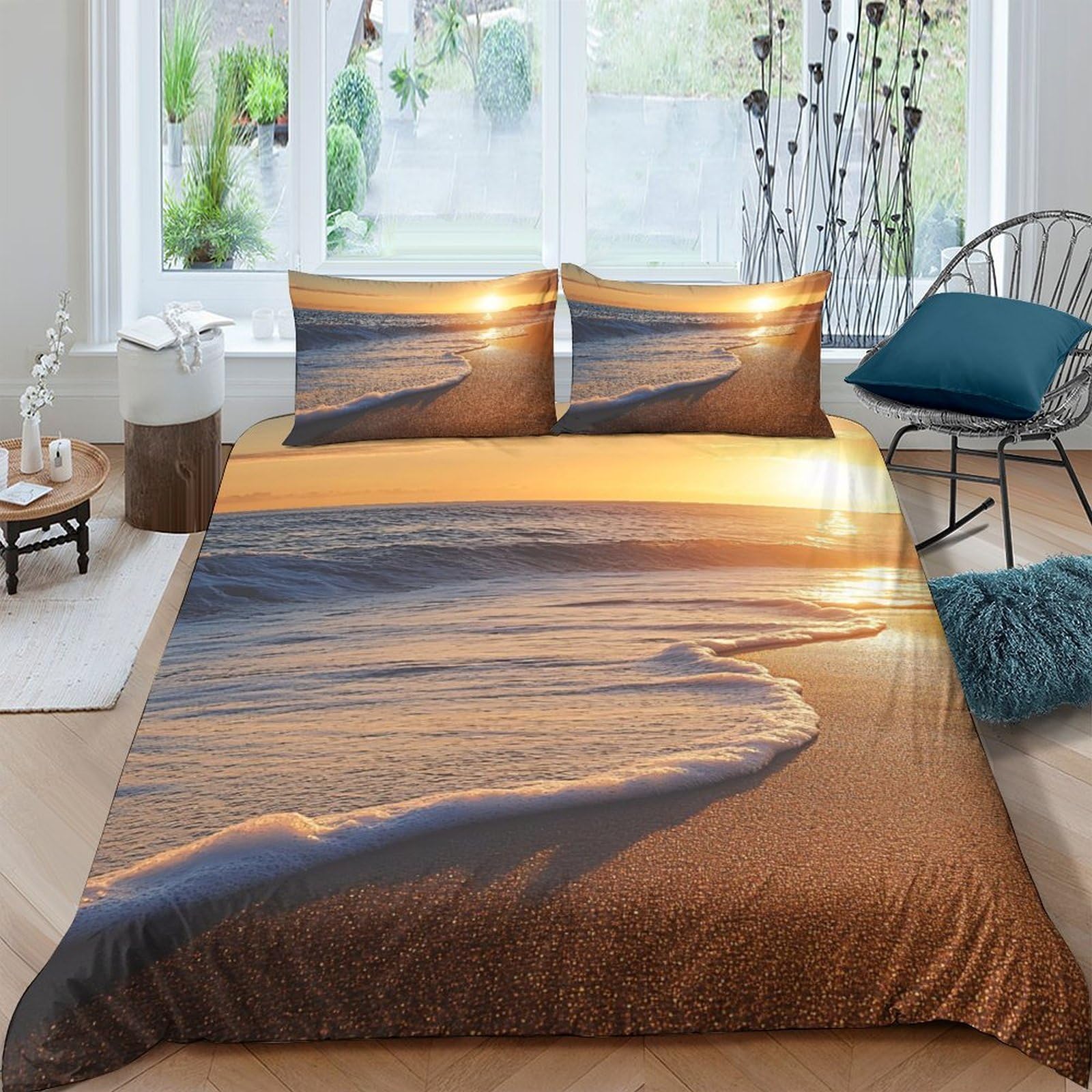 P5V6M1Q9 3D Printed Sunset Beach Duvet Cover Microfiber Soft Breathable Ocean Wave Bedding Set with 2 Pillowcases for Bedroom Decor Single（135x200cm）