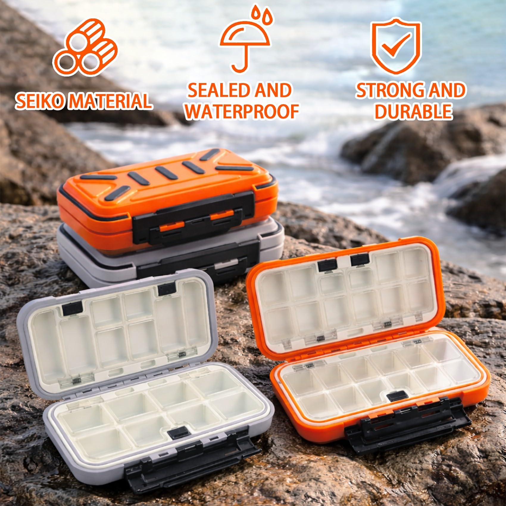Aventik Wasserdichte Angelausrüstungsbox, Köder, Haken, Köder, Aufbewahrungskoffer (Orange + Grau)