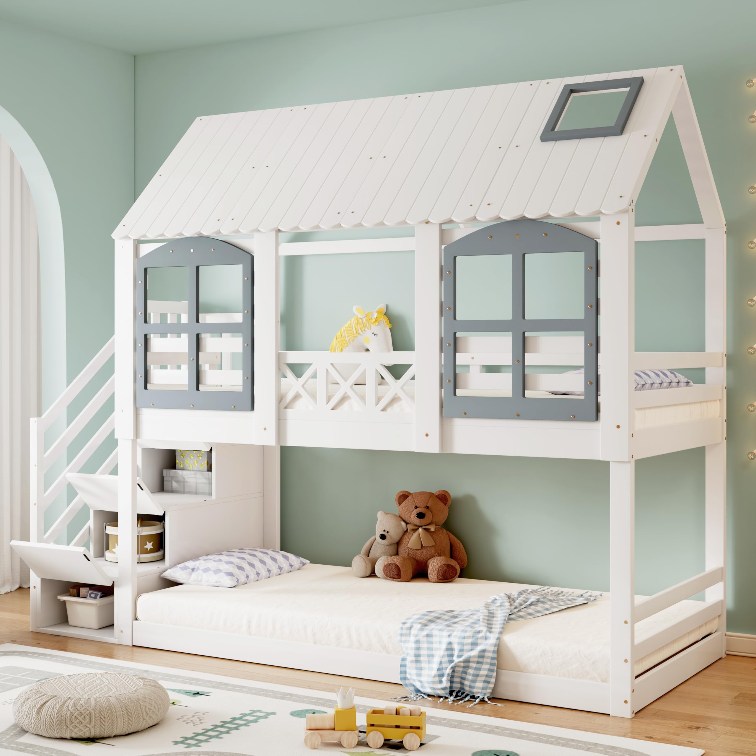 Merax Etagenbett 90x200cm Kinderbett Hochbett mit Rausfallschutz & Lattenrost Hausbett mit Dach Fenster Stauraumtreppe Weiß