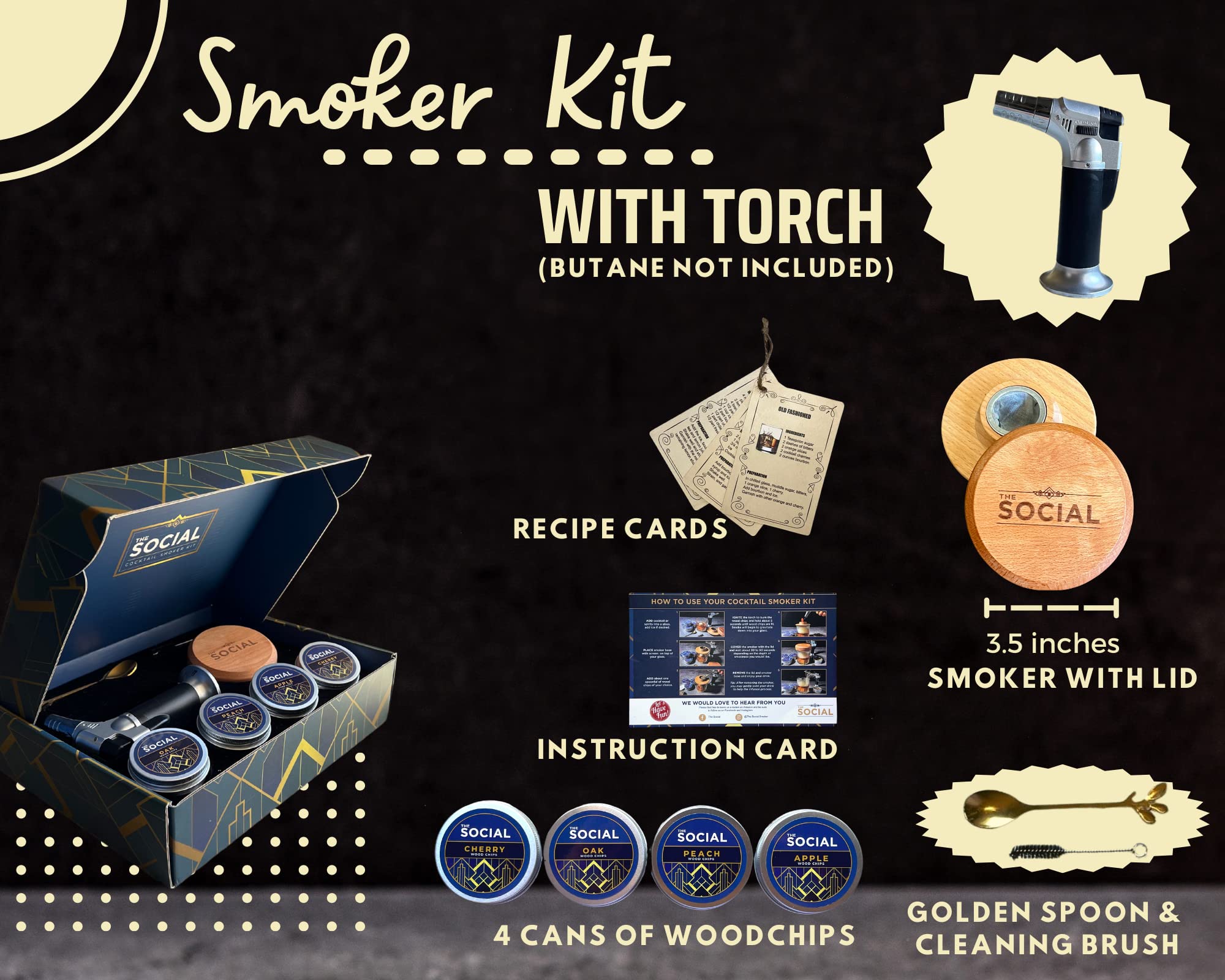 Kit de ahumador de cóctel con antorcha y virutas de madera para whisky, Bourbon, Old Fashioned, Manhattan, infunde tus cócteles y vino favoritos. Perfecto para entretener y regalar 4