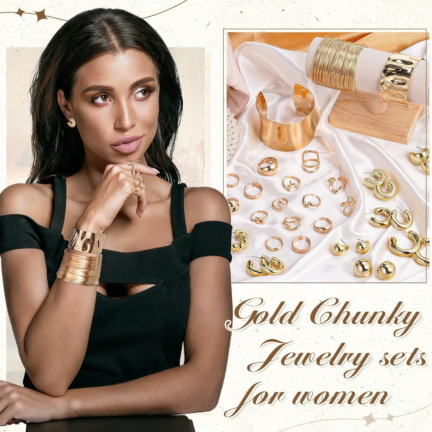 Tondiamo 27 Pcs Chunky Gold Jewelry Set for Women with Cuff Bangle Bracelets, Hoop Earrings and Stackable Knuckle Rings Accessories Non Tarnish Gold Plated Chunky Bracelets Earrings Rings Gifts - Image 6