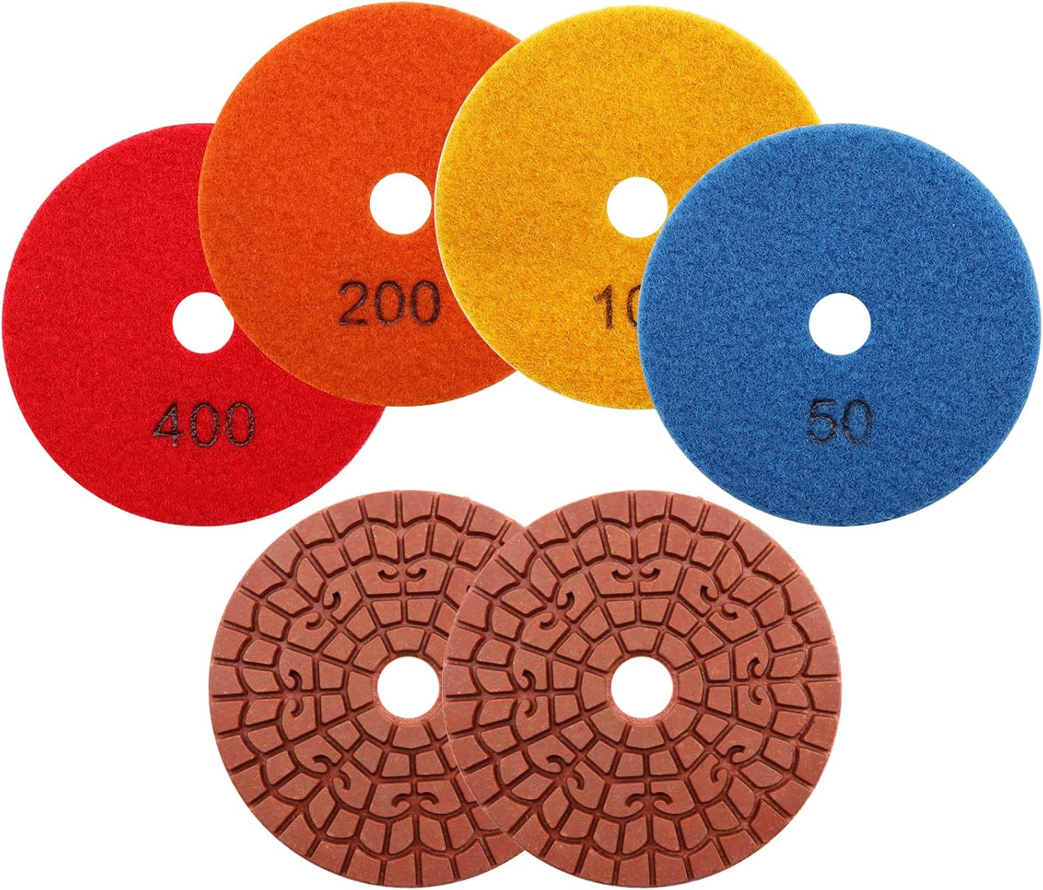 Diamond polishing pad 6PCS 4 Inch(#50*2,100*2 ,200*1 ,400*1)Super Copper Metal Bond Wet Diamond Polishing Pads for Granite Marble Concrete Floor Grinding Disc Strong Grinding Force.