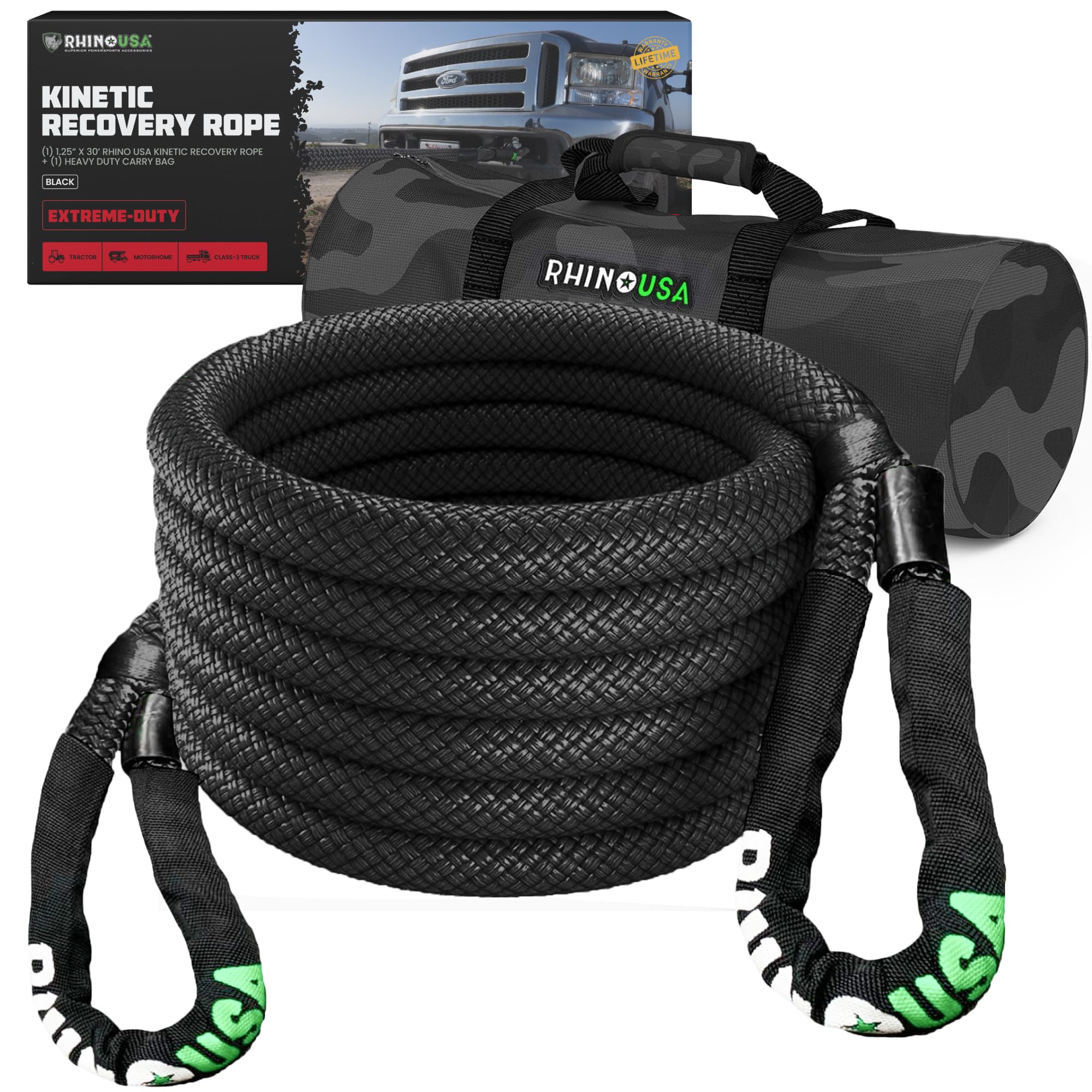 Rhino USAKinetic Recovery Tow Rope Heavy Duty Offroad Snatch Strap for UTV, ATV, Truck, Car, Tractor - Ultimate Elastic Straps Towing Gear - Backed for Life! (1.25" x 30' Black)