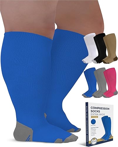 Pembrook Calcetines de compresión de talla grande - pantorrilla ancha hasta 6XL Calcetines de compresión azules para mujer