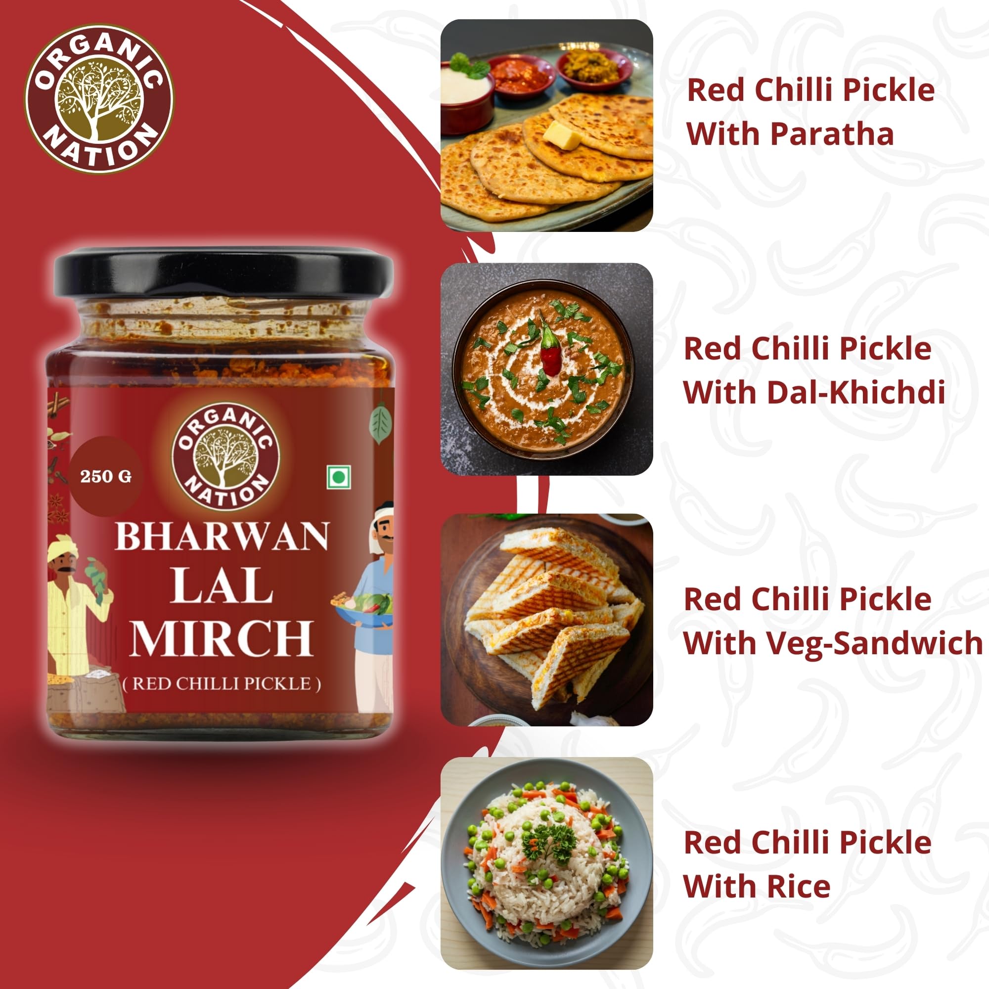 ORGANIC NATION Deliciously Tangy Stuffed Red Chilli Pickle | Authentic Bharwa Mirchi Ka Achar | Traditional Lal Mirch Ka Achar | Spicy Mirchi | No Preservatives | 250g Jar | Vibrant Red Color 1