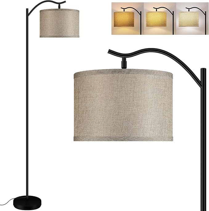 BoostArea Floor Lamp for Living Room,9W LED Arched Floor Lamp,Tall Modern Standing Lamp with Fabric Linen Shade,3 Brightness Levels,E26 Socket,Footswitch,Mid Century Floor Lamp for Bedrooms,Office