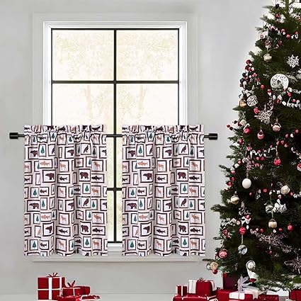 GlowSol Christmas Short Curtains, Animals Pattern Christmas Window Curtains for Kitchen Living Room Bedroom Bathroom 2 Panels Boho Xmas Home Decor Rod Pocket Half Window Cafe Curtains 27.5" W x 30" L