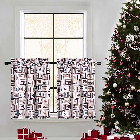 GlowSol Christmas Short Curtains, Animals Pattern Christmas Window Curtains for Kitchen Living Room Bedroom Bathroom 2 Panels Boho Xmas Home Decor Rod Pocket Half Window Cafe Curtains 27.5" W x 30" L