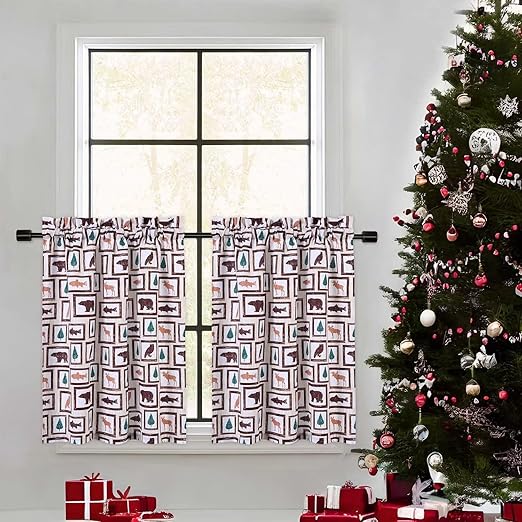 GlowSol Christmas Short Curtains, Animals Pattern Christmas Window Curtains for Kitchen Living Room Bedroom Bathroom 2 Panels Boho Xmas Home Decor Rod Pocket Half Window Cafe Curtains 27.5" W x 30" L