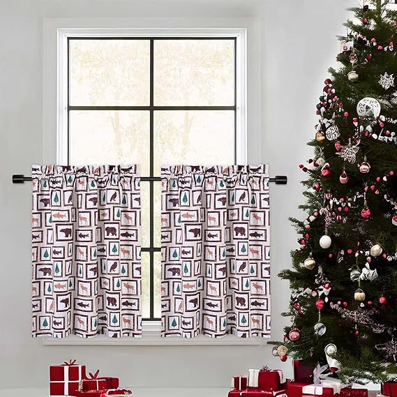 GlowSol Christmas Short Curtains, Animals Pattern Christmas Window Curtains for Kitchen Living Room Bedroom Bathroom 2 Panels Boho Xmas Home Decor Rod Pocket Half Window Cafe Curtains 27.5" W x 30" L