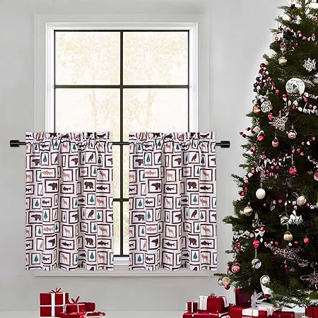 GlowSol Christmas Short Curtains, Animals Pattern Christmas Window Curtains for Kitchen Living Room Bedroom Bathroom 2 Panels Boho Xmas Home Decor Rod Pocket Half Window Cafe Curtains 27.5" W x 30" L