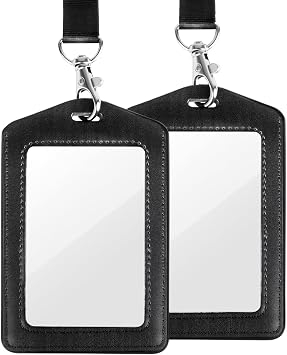 2 Pack Leather ID Badge Holder, Double Sided Windows Badge Holder with Stainless Steel J-Hook Nylon Lanyard, Leather Vertical Badge Holder for Office, School, Metro Black