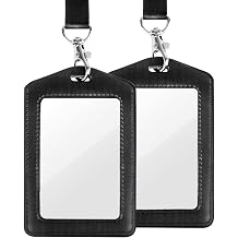 2 Pack Leather ID Badge Holder, Double Sided Windows Badge Holder with Stainless Steel J-Hook Nylon Lanyard, Leather Vertical Badge Holder for Office, School, Metro Black