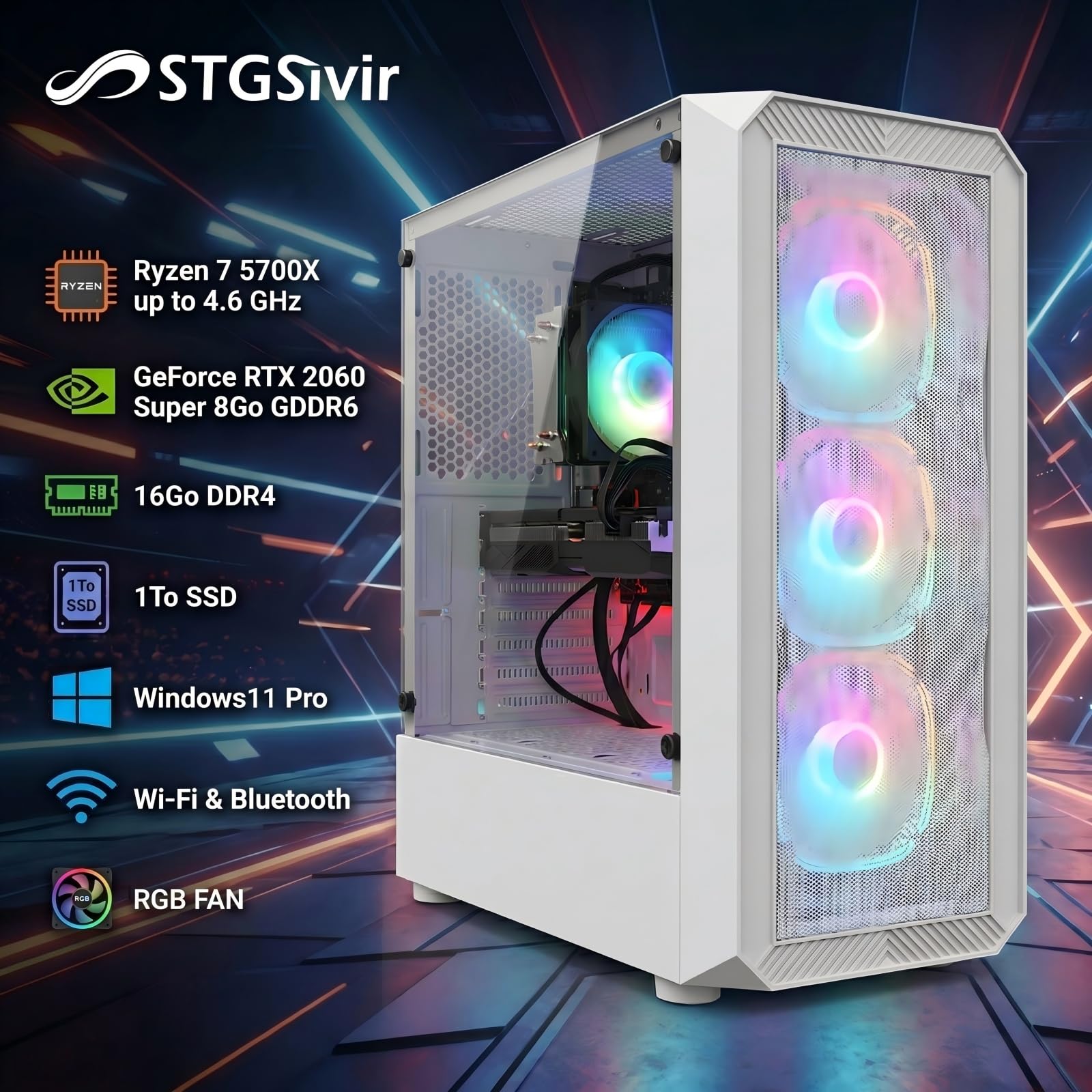 STGsivir Gaming PC, Ryzen 7 5700X, RTX 2060S 8G, 16G DDR4, 1T SSD | Gaming Computer für Streaming,Videobearbeitung,Hausaufgaben, bis zu 4.6 GHz, WLAN 6, BT 5.0, 4K,HDMI,DP, Win11 Pro, ARGB