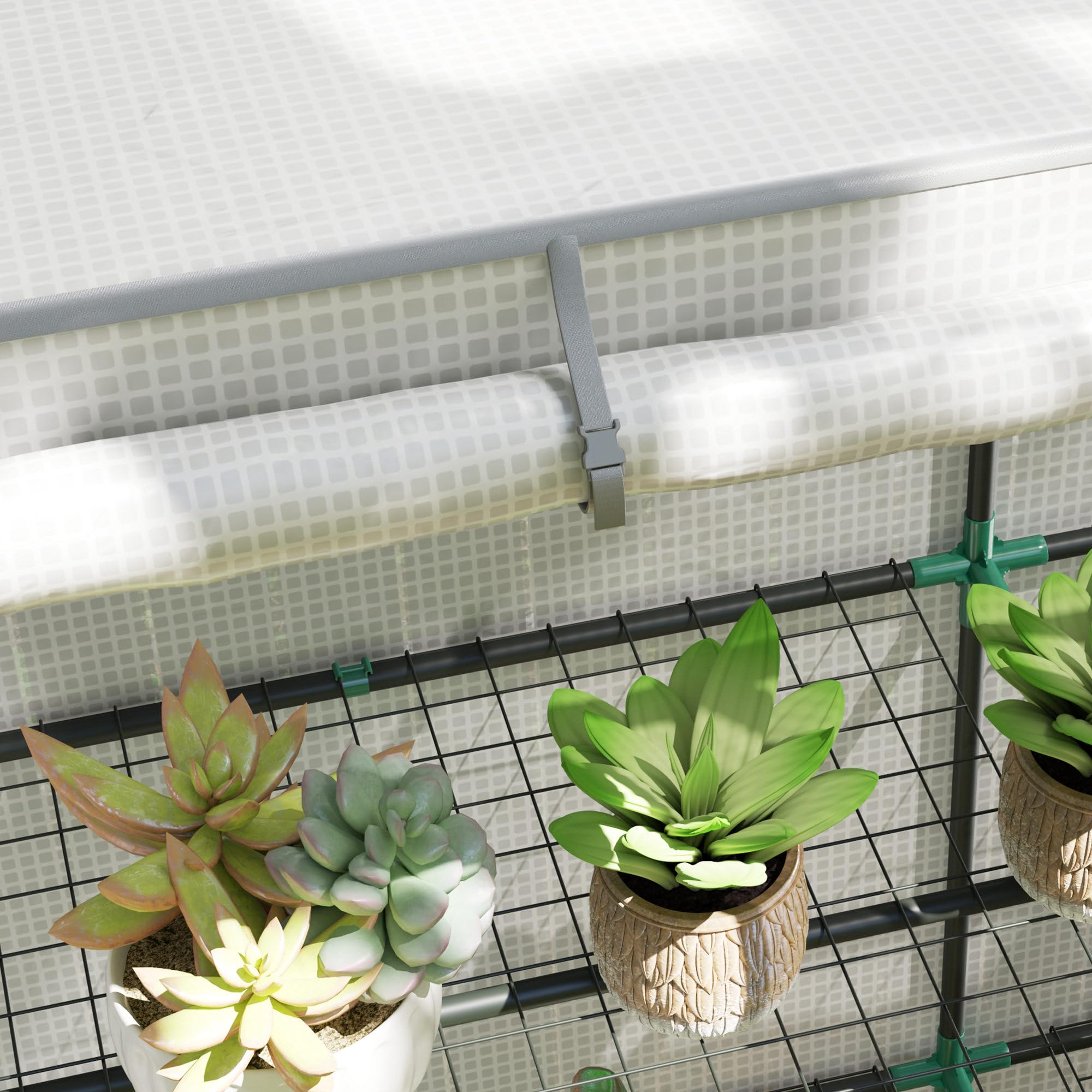 Outsunny Serra da Giardino con 2 Porte Avvolgibili, Scaffale a 3 Ripiani e Tasche Laterali, Serra per Orto, Struttura Acciaio e Copertura PE, per Piante Verdure Fiori Frutta, Anti UV, Bianco e Grigio