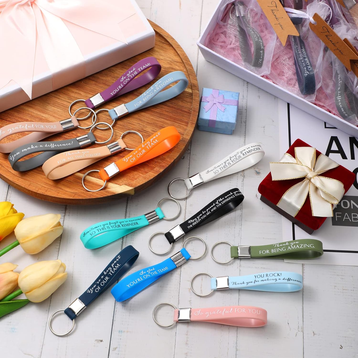 Yinkin 100 Sets Thank You Gift Silicone Keychains Bulk Employee Appreciation Gifts with Thank You Tag White Organza Bag for Coworker Teacher Nurse - Image 5